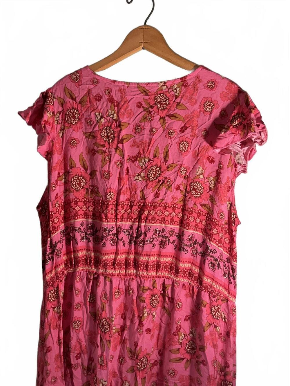 Rusttydustty Bohemian Pink Floral Maxi Dress with Ruffle Sleeves 2XL - Picture 10 of 11